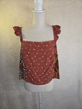 Torrid 3X Terracotta Geo Print Boho Challis Smocked Ruffle Trim Crop Tank Top